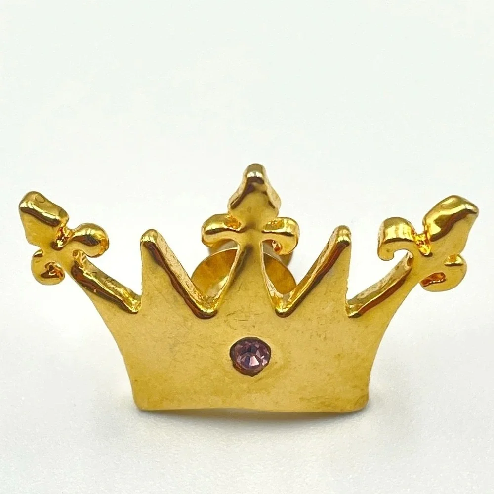 Vintage Modern Gold Tone Crown Lapel Pin Brooch Single Purple Stone‎ Statement
